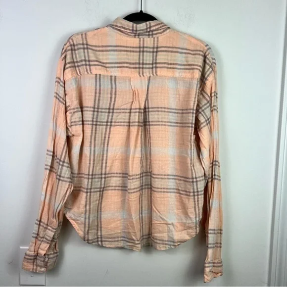 Free People Womens Button Up Shirt Large Peach Plaid Relaxed Dolman Sleeve Crop - Picture 7 of 9